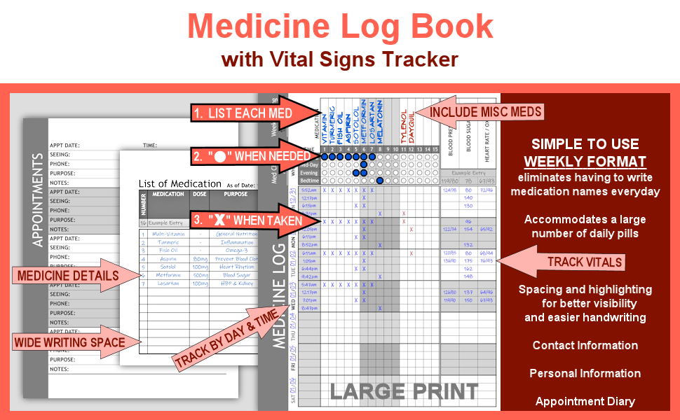 Medicine Log Book with Vital Sign Tracker: 1-Year Log Book, High Pill Capacity, Daily Tracking