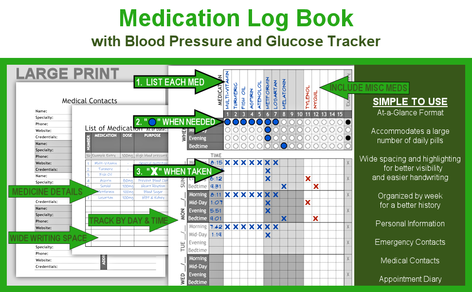 Medication Log Book with Blood Pressure and Glucose Tracker: 1-Year, Daily Tracking, High Pill Capacity, Large Print
