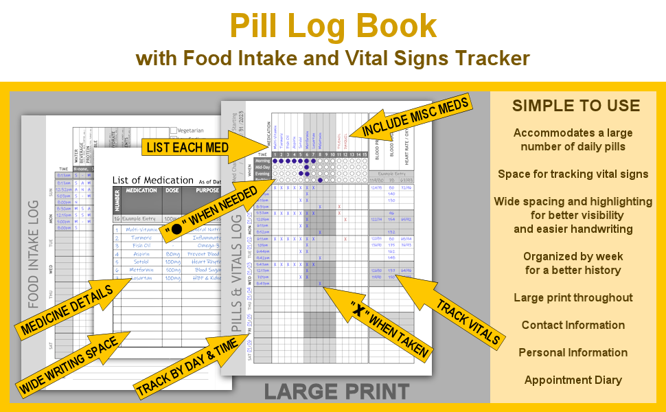 Pill Log with Food Intake and Vital Signs: Daily Tracking, High Pill Capacity, Large Print