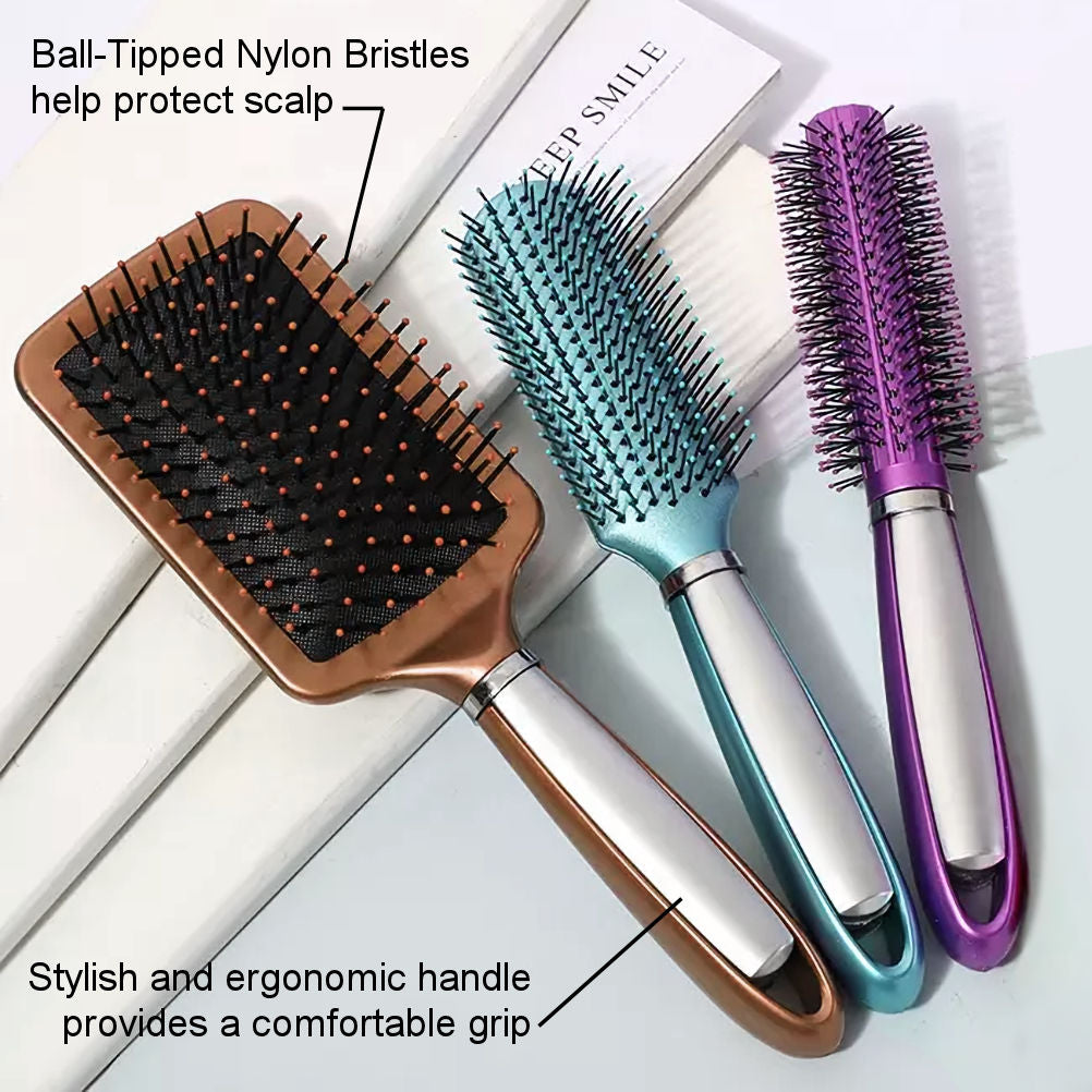 AC055 - 1-Paddle and 1-Roller Brush, 1-Fine and 1-Wide Tooth Comb and 1-Edge Comb - Detangling Hair Care Accessory