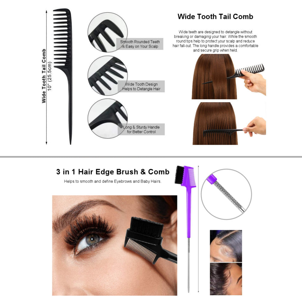 AC055 - 1-Paddle and 1-Roller Brush, 1-Fine and 1-Wide Tooth Comb and 1-Edge Comb - Detangling Hair Care Accessory