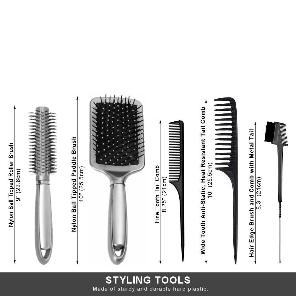 AC055 - 1-Paddle and 1-Roller Brush, 1-Fine and 1-Wide Tooth Comb and 1-Edge Comb - Detangling Hair Care Accessory