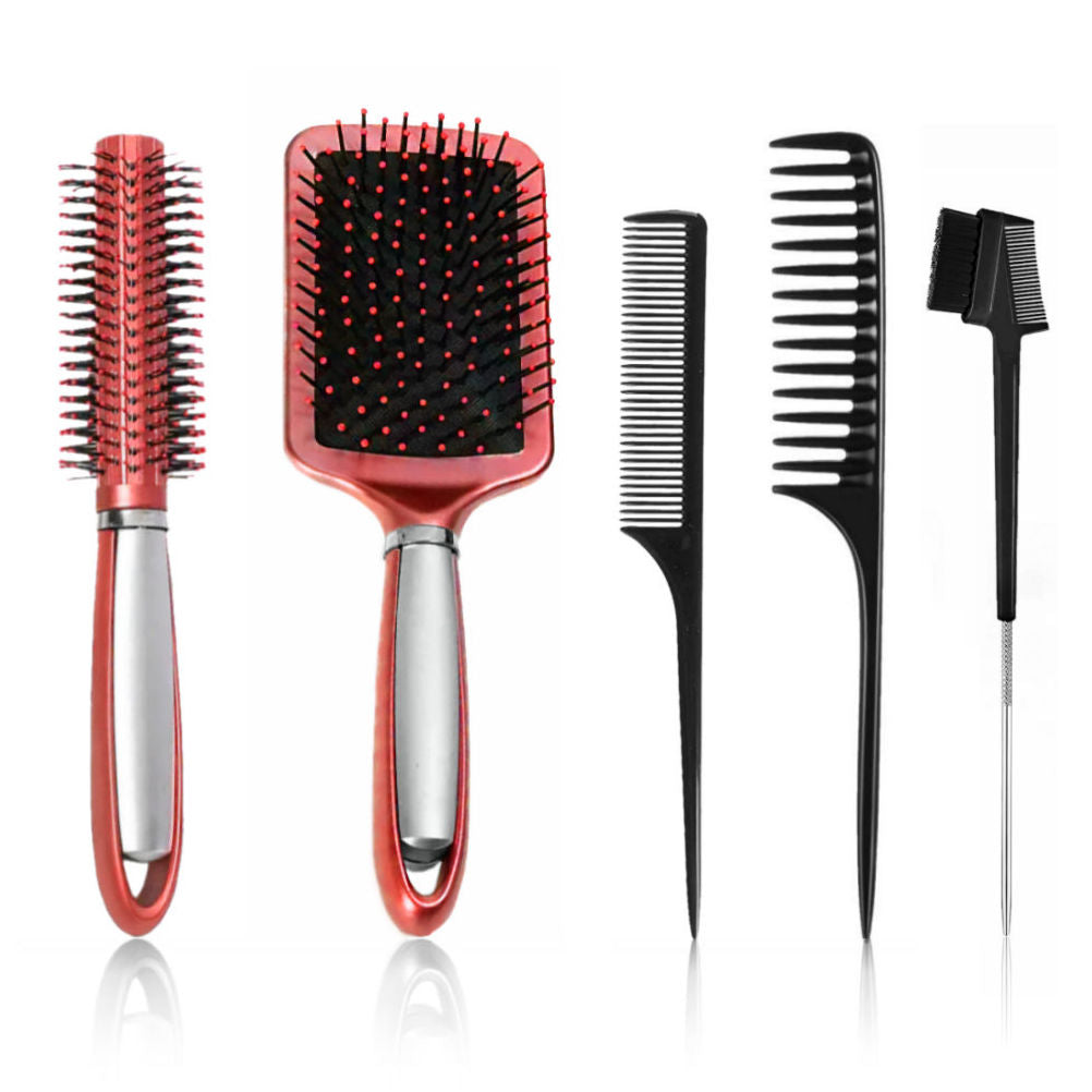 AC055 - 1-Paddle and 1-Roller Brush, 1-Fine and 1-Wide Tooth Comb by Wig Aisle in color AC-BLACK_RED