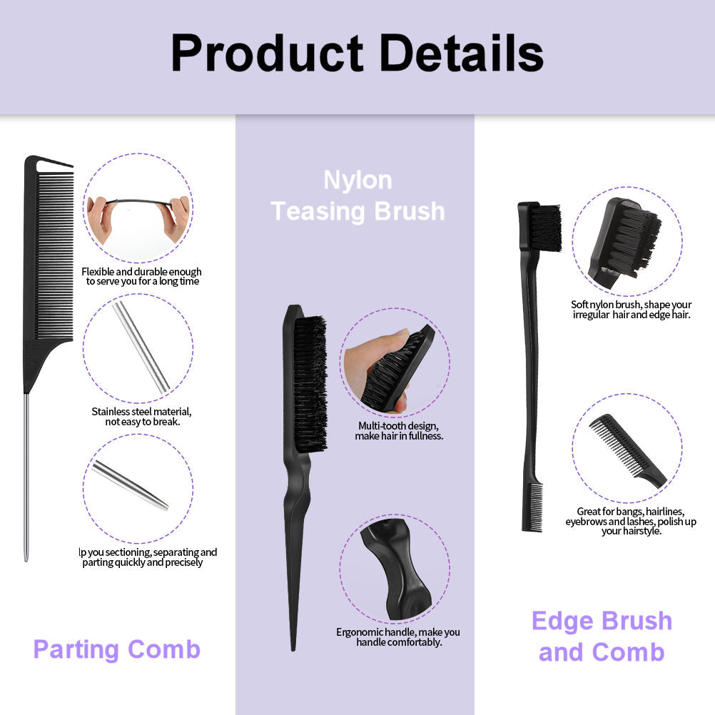 Ac058 (1-Parting Comb, 1-Edge Comb, 1-Tease Brush) - Hair & Wig Accessory Bundle
