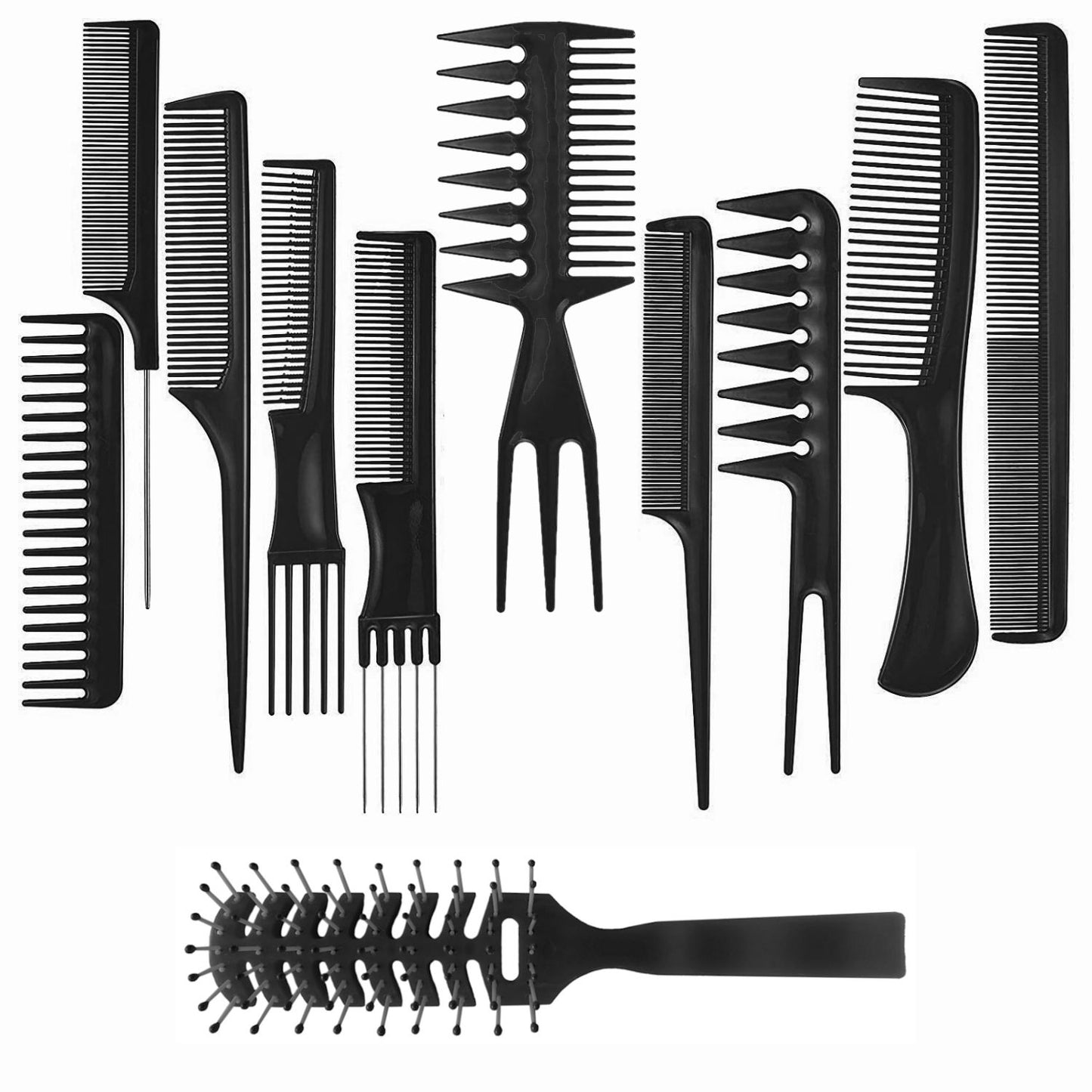 AC063 - 10 Hair Combs, 1 Vented Hair Brush by Wig Aisle in color AC-BLACK