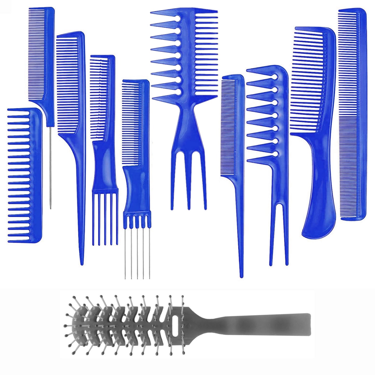 AC063 - 10 Hair Combs, 1 Vented Hair Brush by Wig Aisle in color AC-BLUE