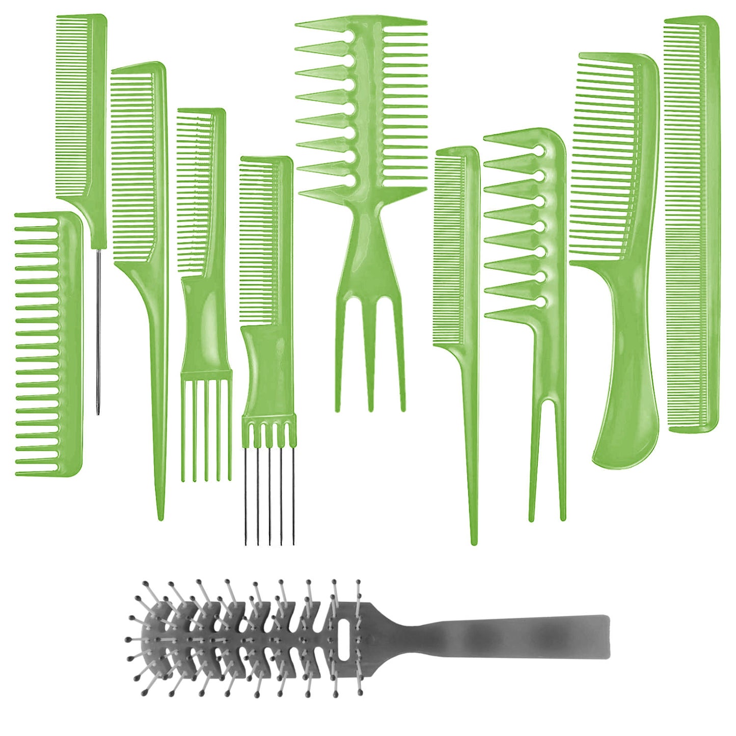 AC063 - 10 Hair Combs, 1 Vented Hair Brush by Wig Aisle in color AC-GREEN