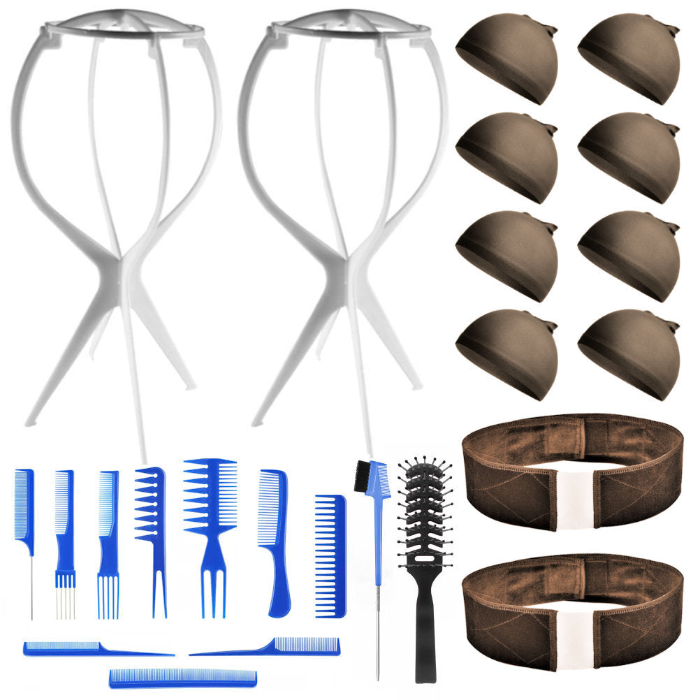WK014L (2-Wig Stands, 2-Lace Wig Grips, 8-Wig Caps, 10-Combs, 2-Brushes) - Wig Accessory Kit