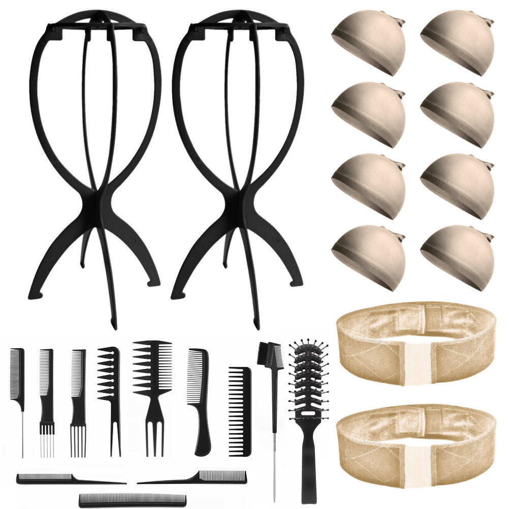 WK014L (2-Wig Stands, 2-Lace Wig Grips, 8-Wig Caps, 10-Combs, 2-Brushes) - Wig Accessory Kit