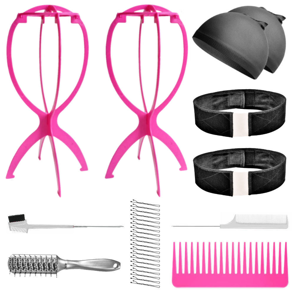 WK022L - 2-Wig Stand, 2-Part Lace Band, 2-Wig Cap, 3-Comb 1-Brush by Wig Aisle in color WK-BLACK_PK