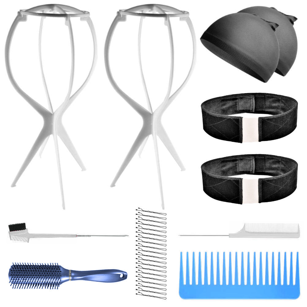 WK022L - 2-Wig Stand, 2-Part Lace Band, 2-Wig Cap, 3-Comb 1-Brush by Wig Aisle in color WK-BLACK_WHT
