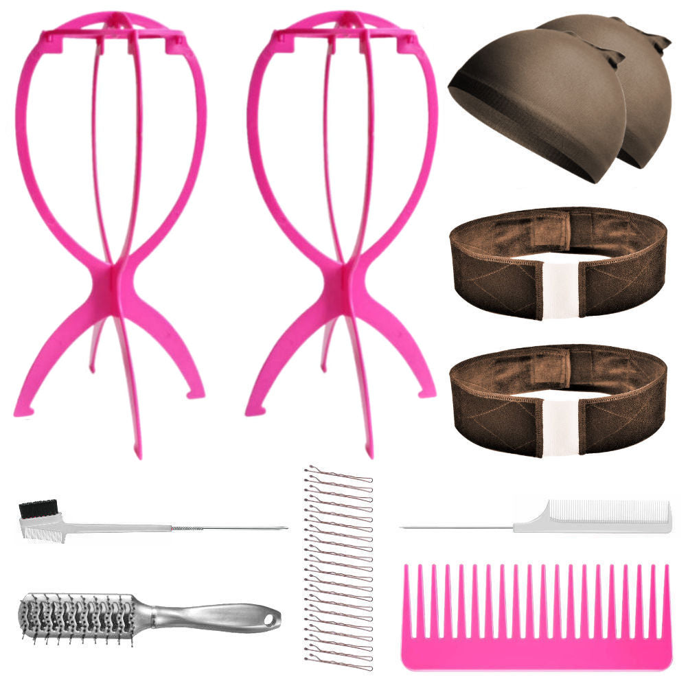 WK022B - 2-Wig Stand, 2-Part Lace Band, 2-Wig Cap, 3-Comb 1-Brush by Wig Aisle in color WK-DARK_PK