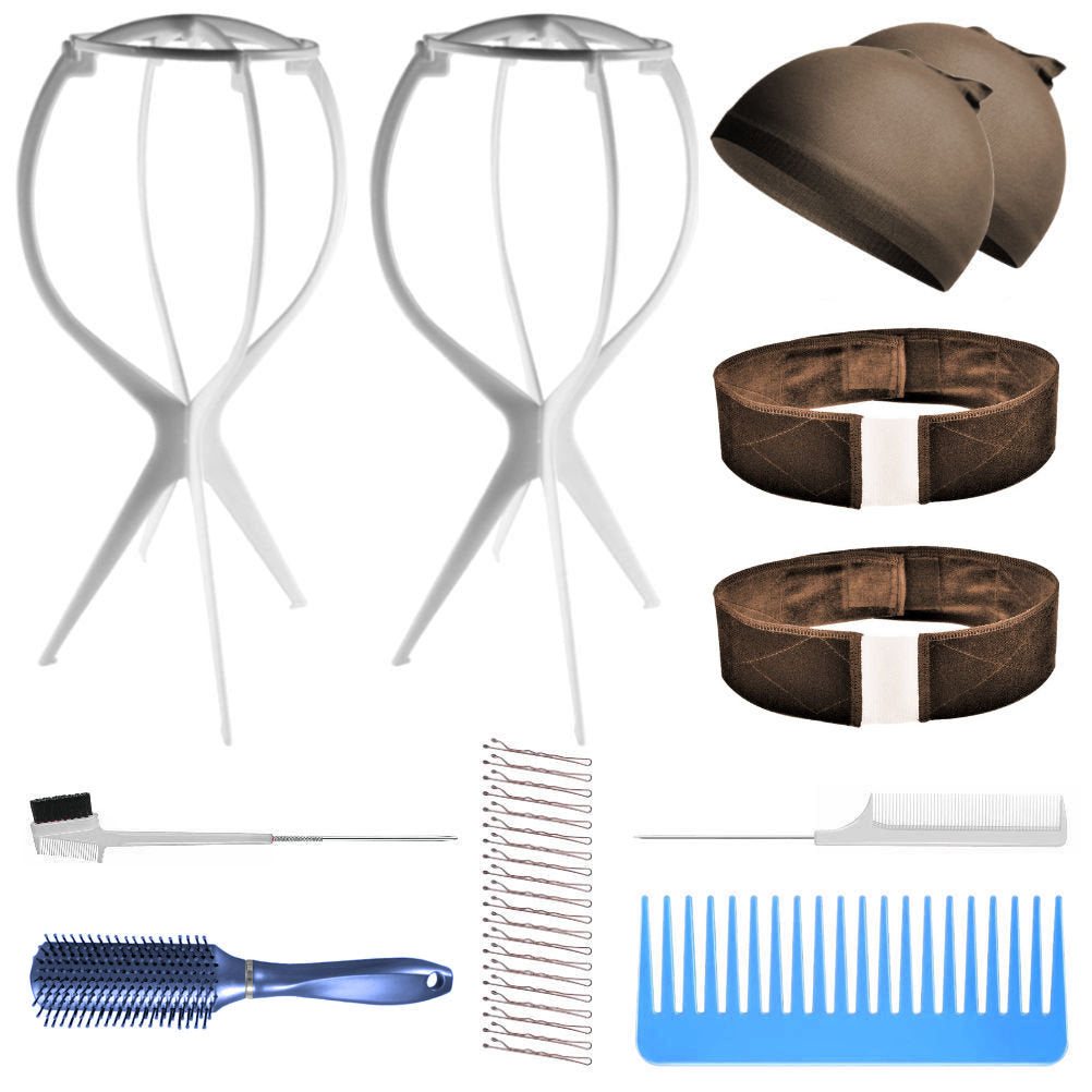 WK022L - 2-Wig Stand, 2-Part Lace Band, 2-Wig Cap, 3-Comb 1-Brush by Wig Aisle in color WK-DARK_WHT