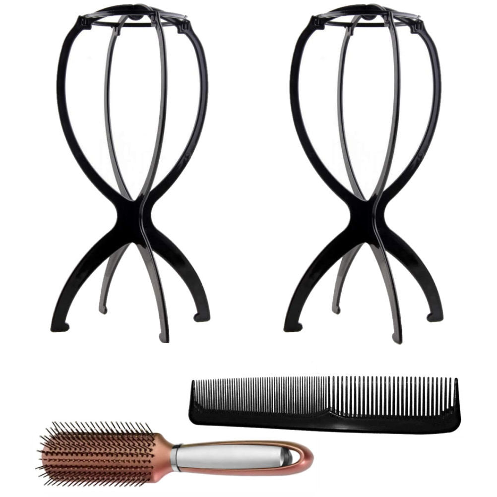 WK042 - 2 Wig Stands, 1 Comb, 1 Brush by Wig Aisle in color AC-BLACK