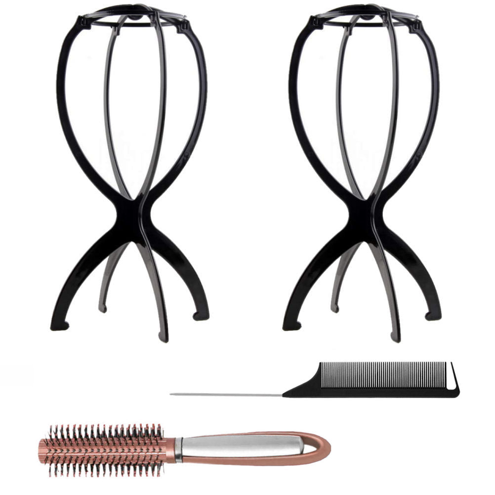 WK042 - 2 Wig Stands, 1 Comb, 1 Brush by Wig Aisle in color AC-BLACK