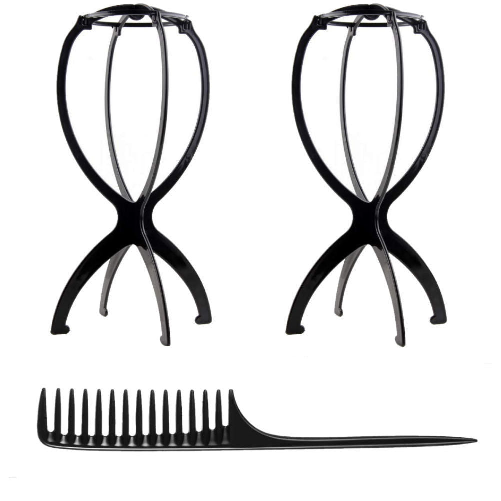 WK042 - 2 Wig Stands, 1 Comb, 1 Brush by Wig Aisle in color AC-BLACK