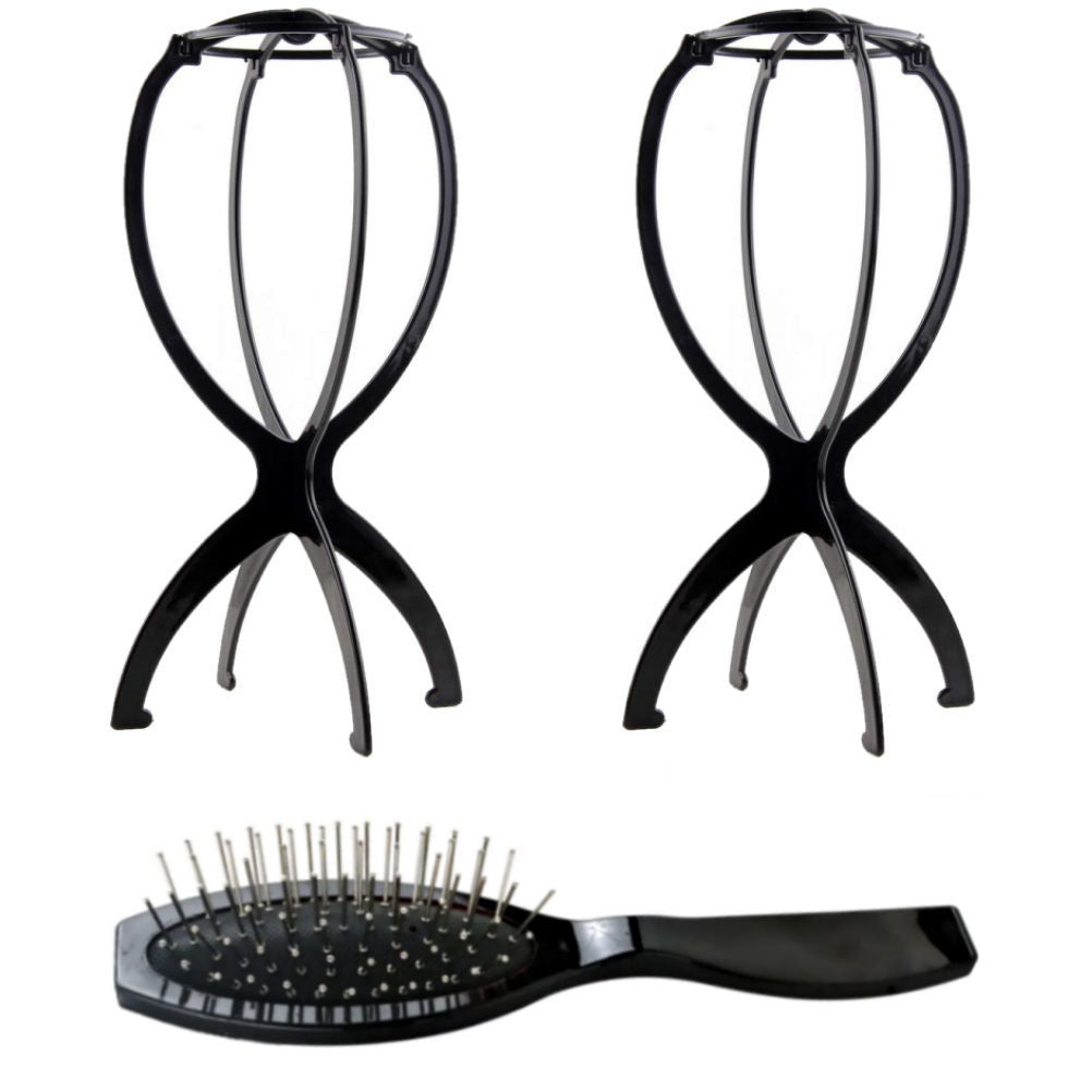 WK042 - 2 Wig Stands, 1 Comb, 1 Brush by Wig Aisle in color AC-BLACK