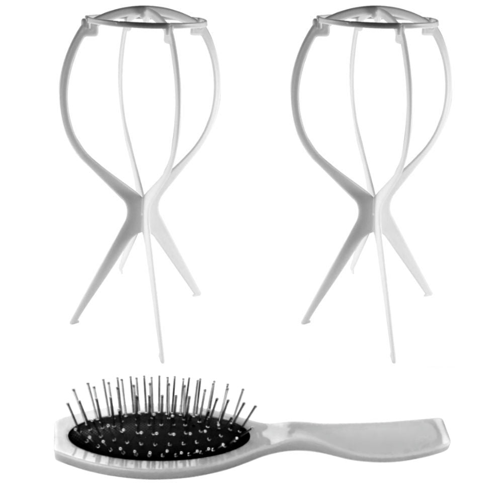 WK042 - 2 Wig Stands, 1 Comb, 1 Brush by Wig Aisle in color AC-WHITE