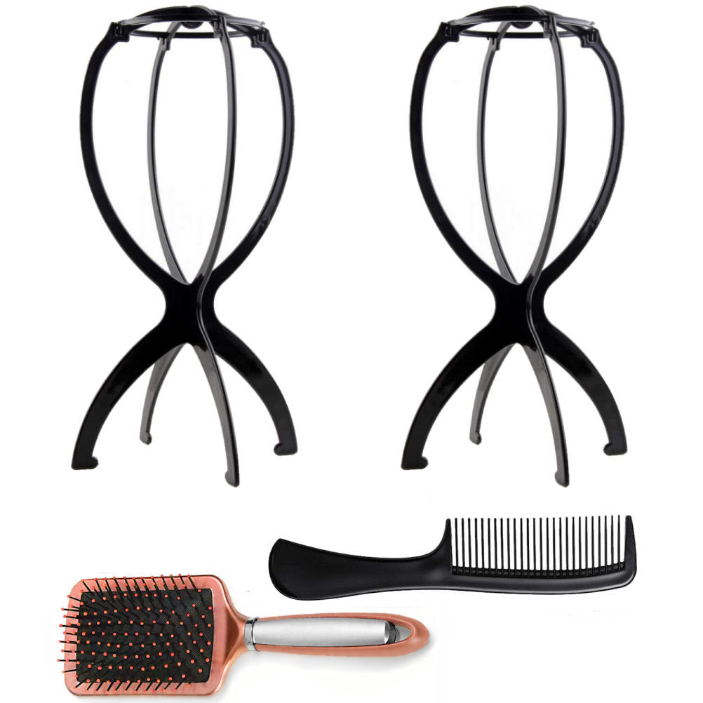 WK042 - 2 Wig Stands, 1 Comb, 1 Brush by Wig Aisle in color AC-BLACK