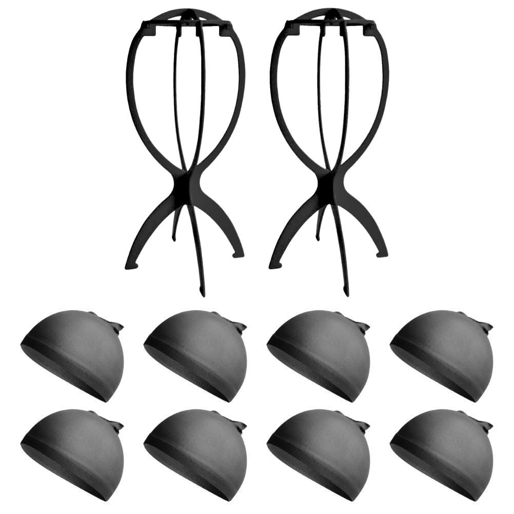 WK043 - 2 Wig Stands, 8 Wig Caps by Wig Aisle in color WK-BLACK_BLK