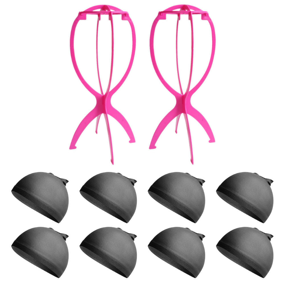 WK043 - 2 Wig Stands, 8 Wig Caps by Wig Aisle in color WK-BLACK_PK