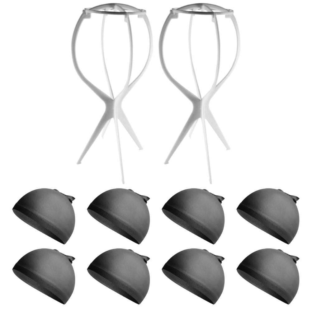 WK043 - 2 Wig Stands, 8 Wig Caps by Wig Aisle in color WK-BLACK_WHT