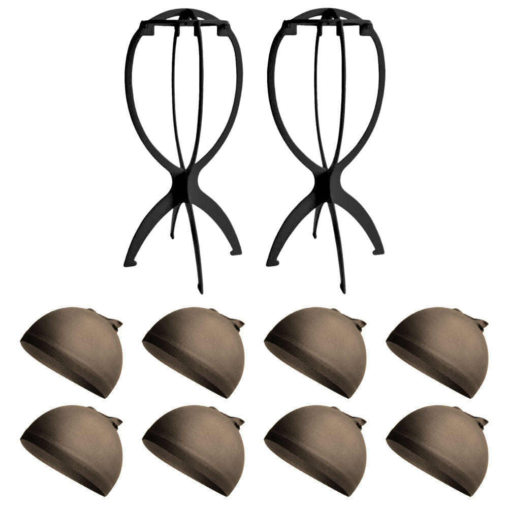 WK043 - 2 Wig Stands, 8 Wig Caps by Wig Aisle in color WK-DARK_BLK