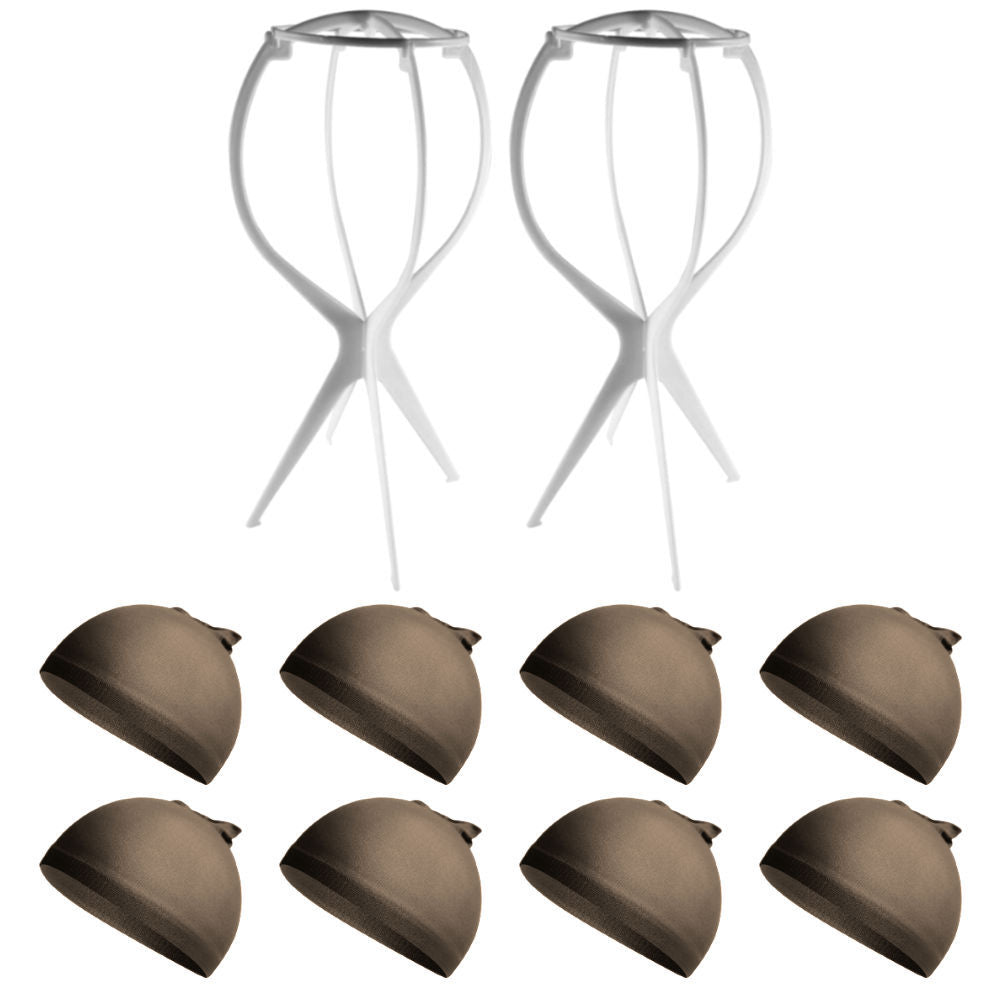 WK043 - 2 Wig Stands, 8 Wig Caps by Wig Aisle in color WK-DARK_WHT