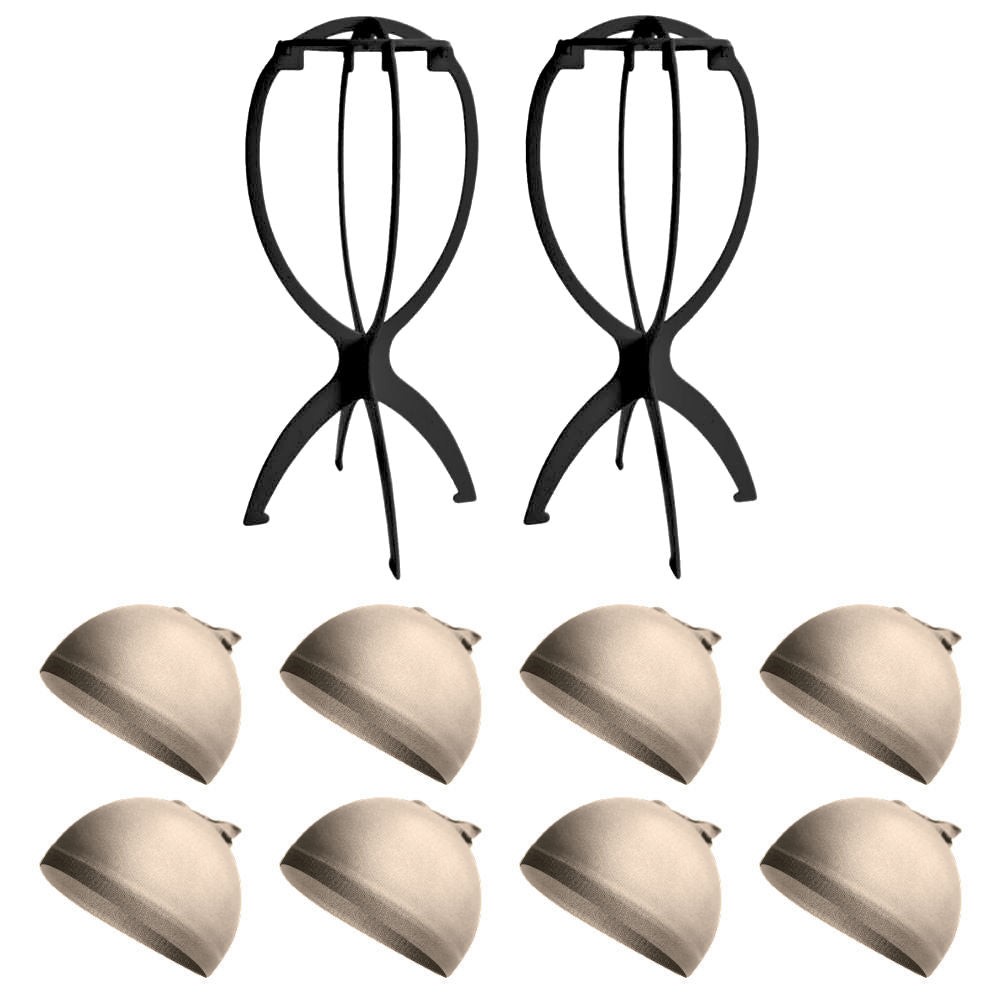 WK043 - 2 Wig Stands, 8 Wig Caps by Wig Aisle in color WK-LITE_BLK