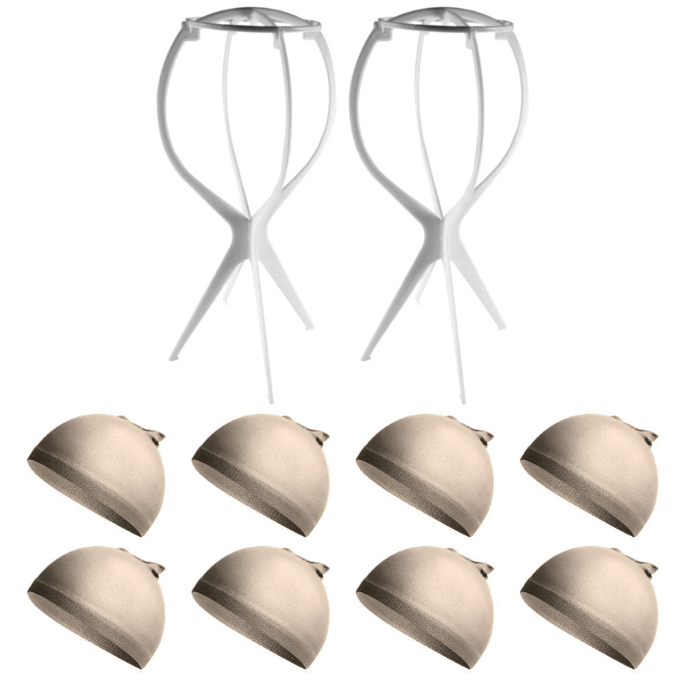 WK043 - 2 Wig Stands, 8 Wig Caps by Wig Aisle in color WK-LITE_WHT