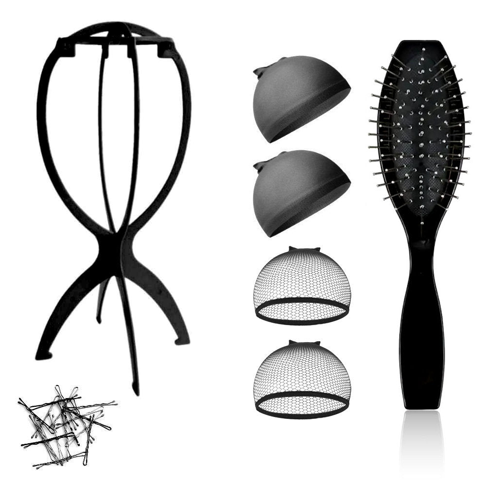 WK015 - 1-Wig Stand, 4-Wig Caps, Bobby Pins by Wig Aisle in color WK-BLACK_BLK