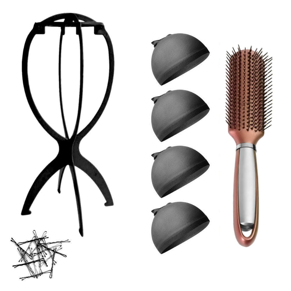 WK015 - 1-Wig Stand, 4-Wig Caps, Bobby Pins by Wig Aisle in color WK-BLACK_BLK