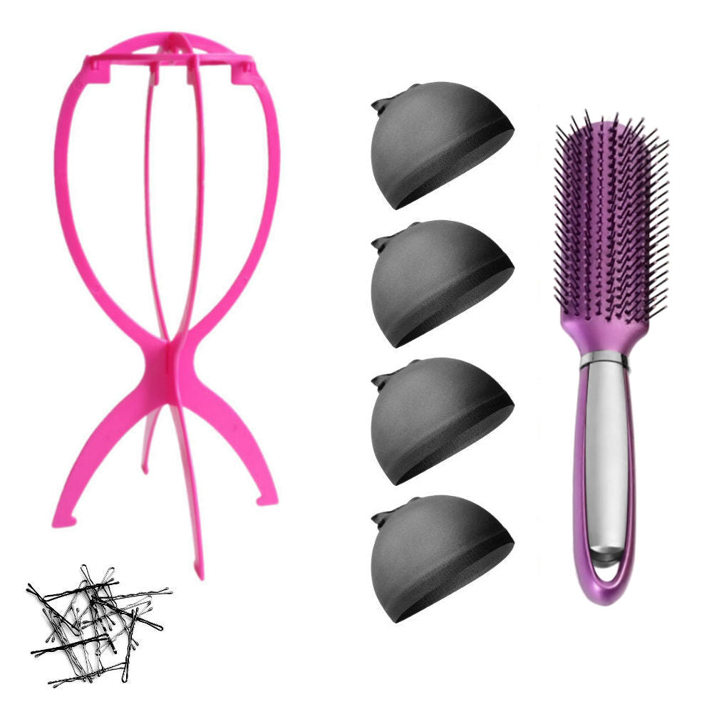 WK015 - 1-Wig Stand, 4-Wig Caps, Bobby Pins by Wig Aisle in color WK-BLACK_PK