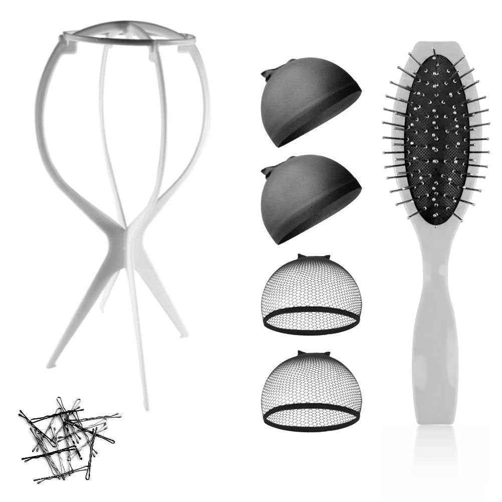 WK015 - 1-Wig Stand, 4-Wig Caps, Bobby Pins by Wig Aisle in color WK-BLACK_WHT
