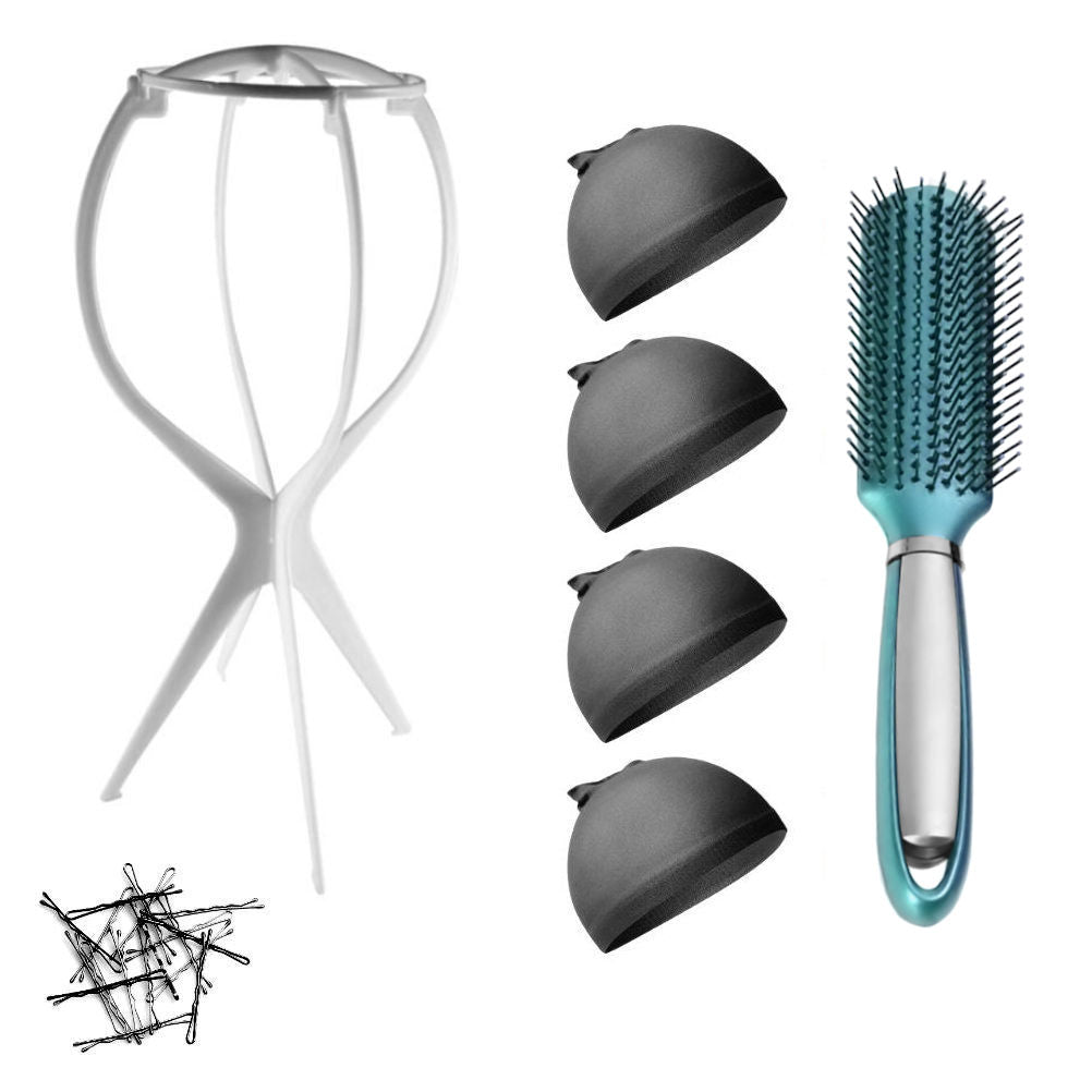 WK015 - 1-Wig Stand, 4-Wig Caps, Bobby Pins by Wig Aisle in color WK-BLACK_WHT