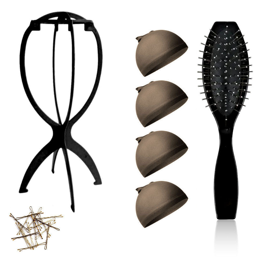 WK015 - 1-Wig Stand, 4-Wig Caps, Bobby Pins by Wig Aisle in color WK-DARK_BLK