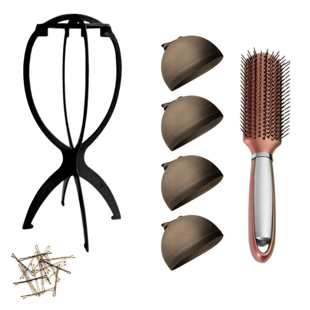 WK015 - 1-Wig Stand, 4-Wig Caps, Bobby Pins by Wig Aisle in color WK-DARK_BLK