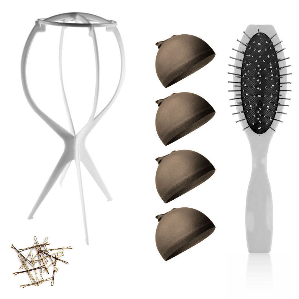 WK015 - 1-Wig Stand, 4-Wig Caps, Bobby Pins by Wig Aisle in color WK-DARK_WHT