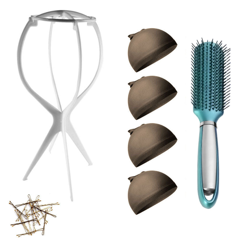 WK015 - 1-Wig Stand, 4-Wig Caps, Bobby Pins by Wig Aisle in color WK-DARK_WHT