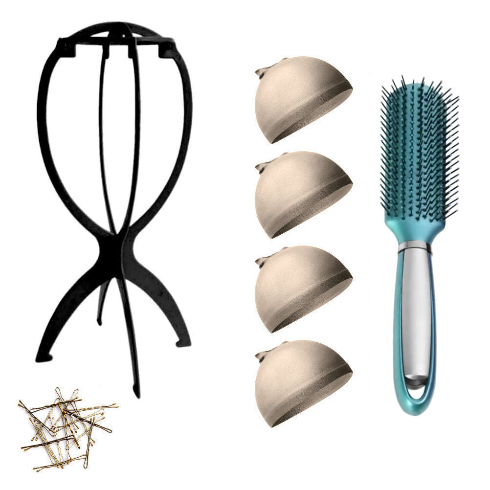 WK015 - 1-Wig Stand, 4-Wig Caps, Bobby Pins by Wig Aisle in color WK-LITE_BLK