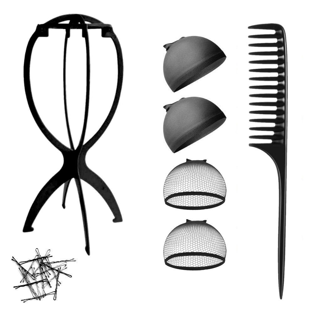 WK015 - 1-Wig Stand, 4-Wig Caps, Bobby Pins by Wig Aisle in color WK-BLACK_BLK