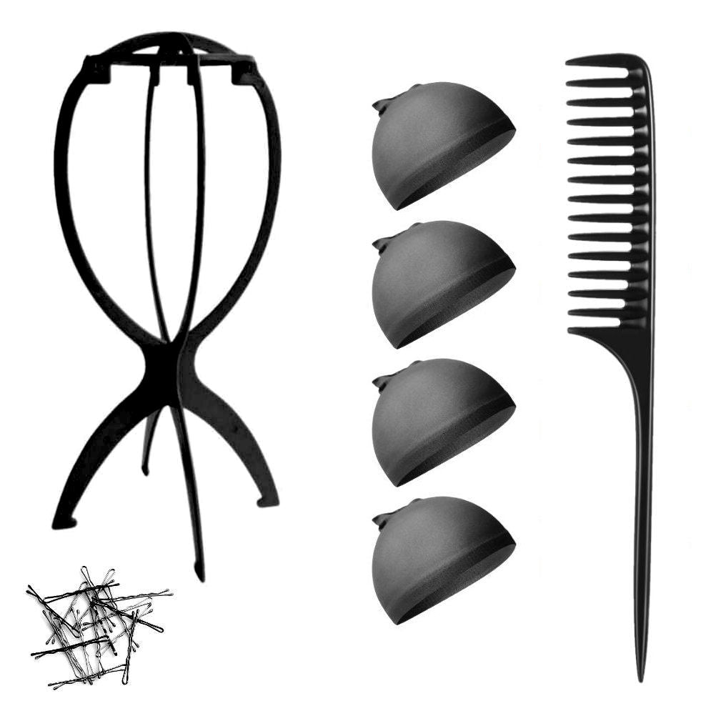 WK015 - 1-Wig Stand, 4-Wig Caps, Bobby Pins by Wig Aisle in color WK-BLACK_BLK
