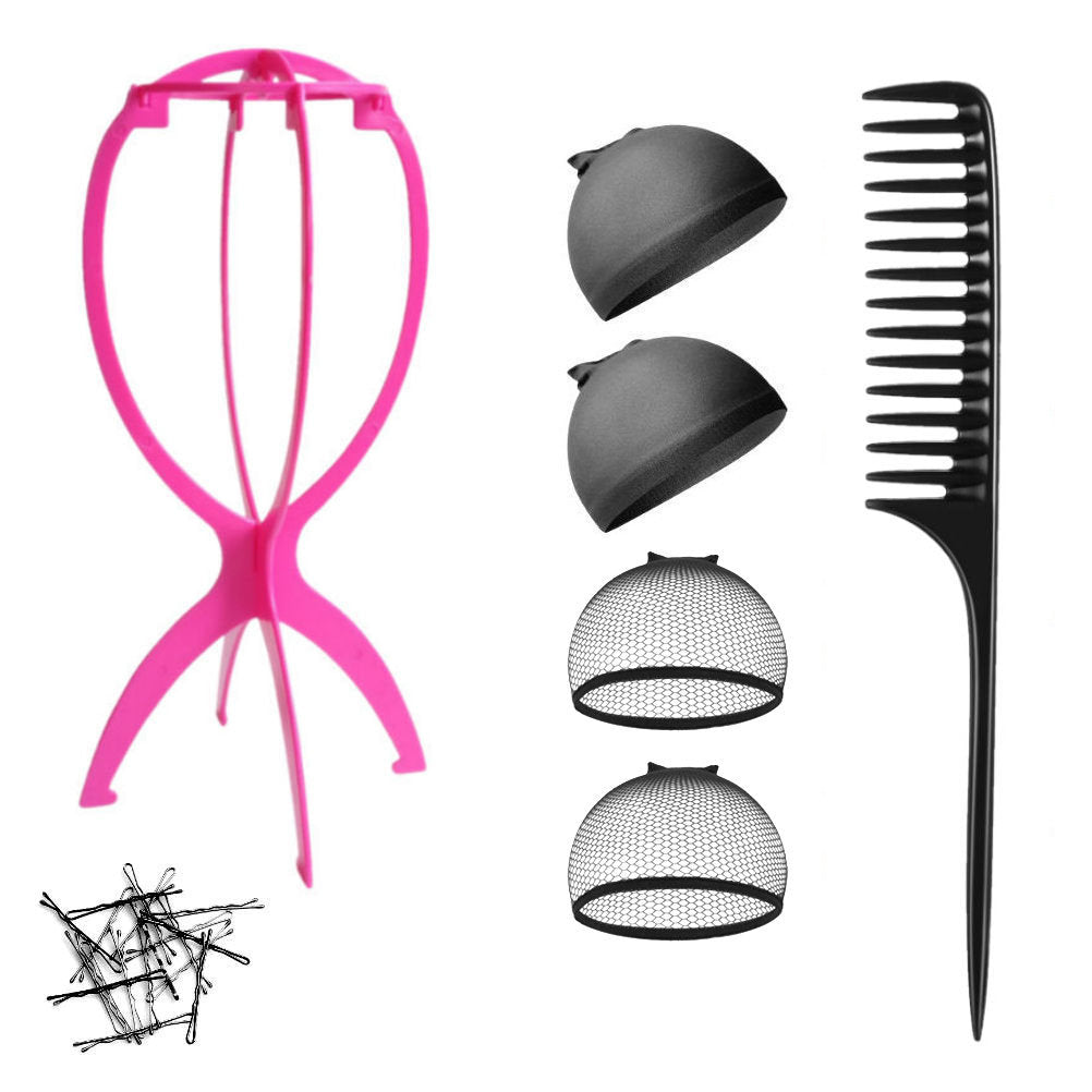 WK015 - 1-Wig Stand, 4-Wig Caps, Bobby Pins by Wig Aisle in color WK-BLACK_PK