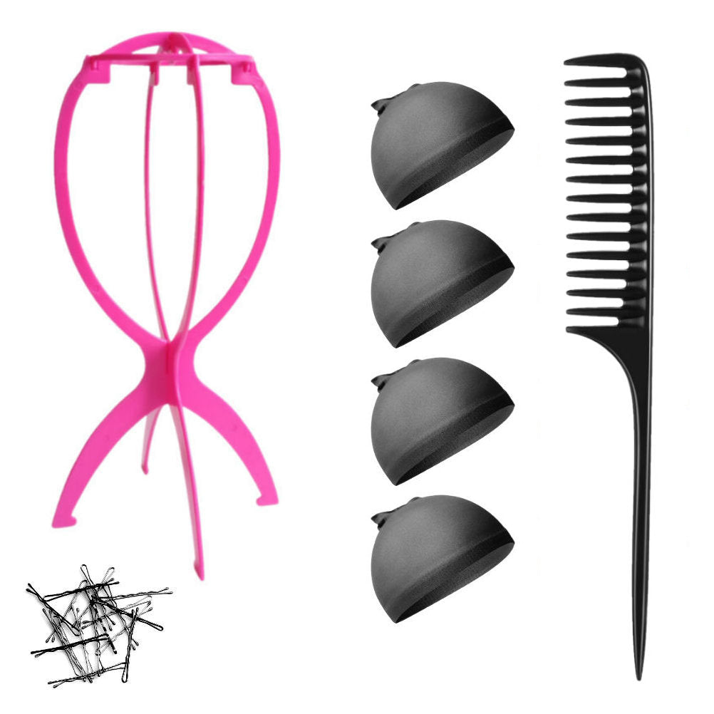 WK015 - 1-Wig Stand, 4-Wig Caps, Bobby Pins by Wig Aisle in color WK-BLACK_PK