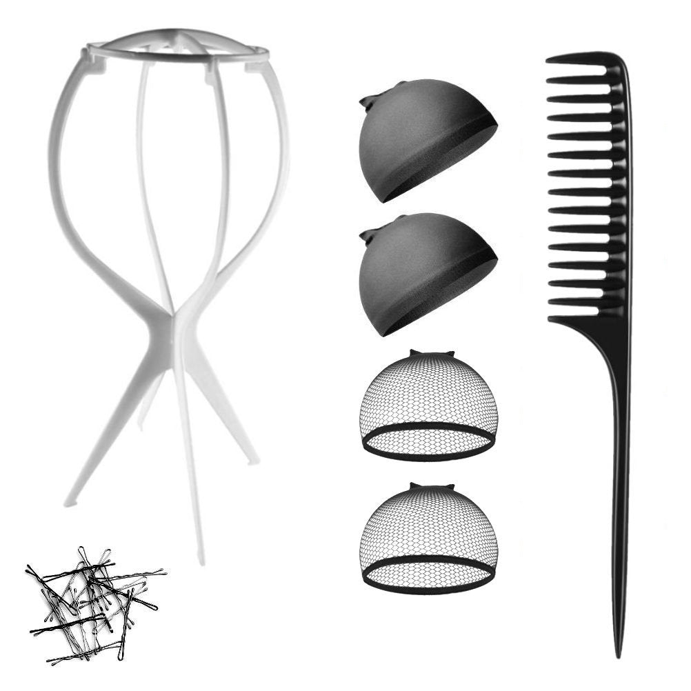 WK015 - 1-Wig Stand, 4-Wig Caps, Bobby Pins by Wig Aisle in color WK-BLACK_WHT