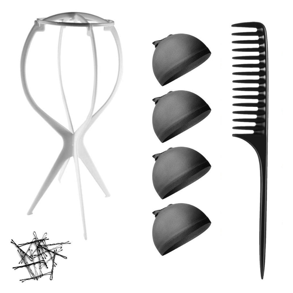 WK015 - 1-Wig Stand, 4-Wig Caps, Bobby Pins by Wig Aisle in color WK-BLACK_WHT