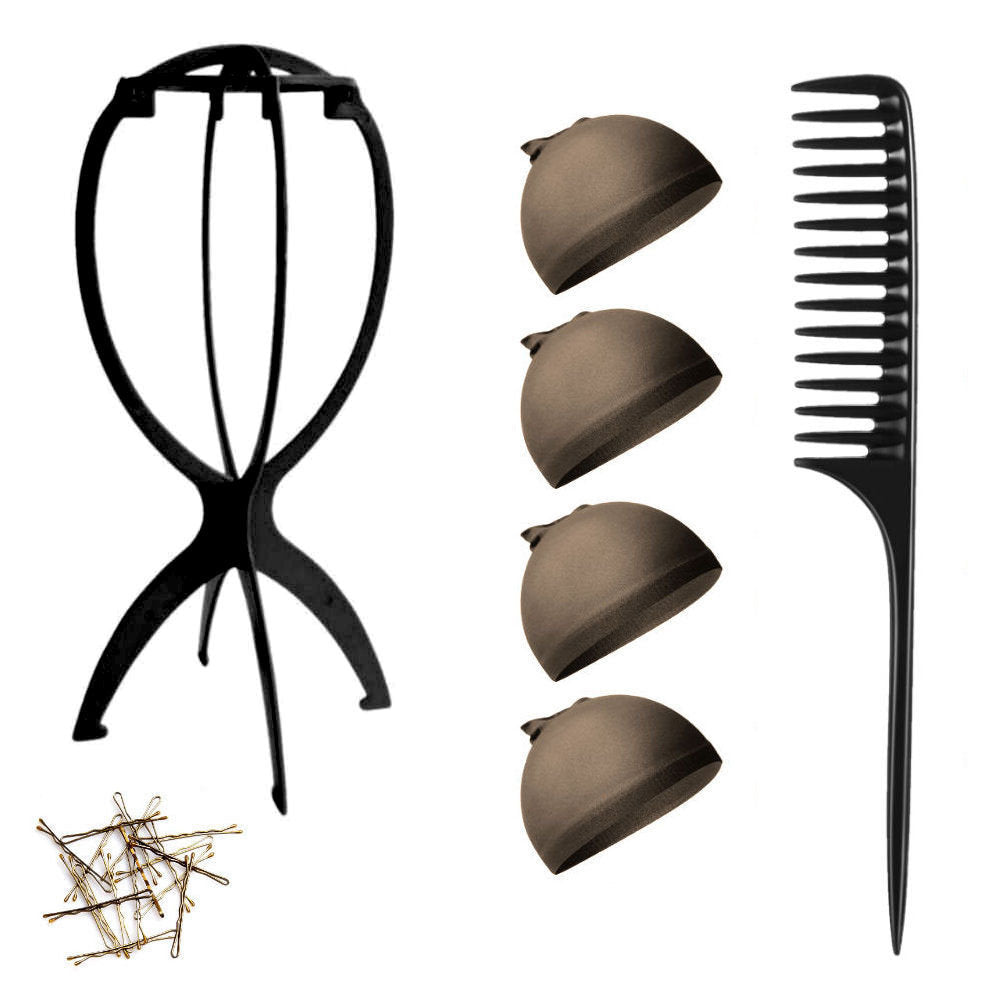 WK015 - 1-Wig Stand, 4-Wig Caps, Bobby Pins by Wig Aisle in color WK-DARK_BLK