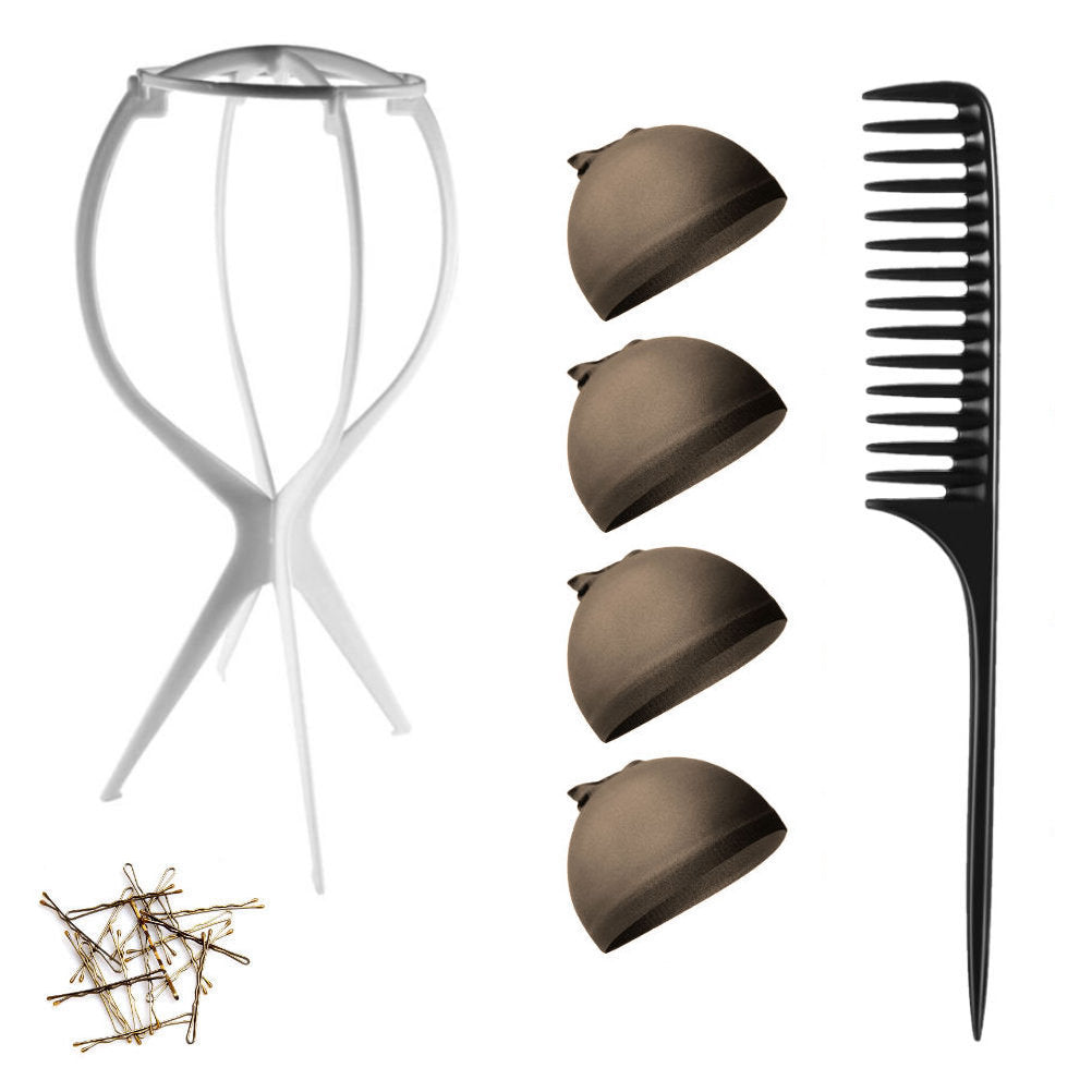 WK015 - 1-Wig Stand, 4-Wig Caps, Bobby Pins by Wig Aisle in color WK-DARK_WHT