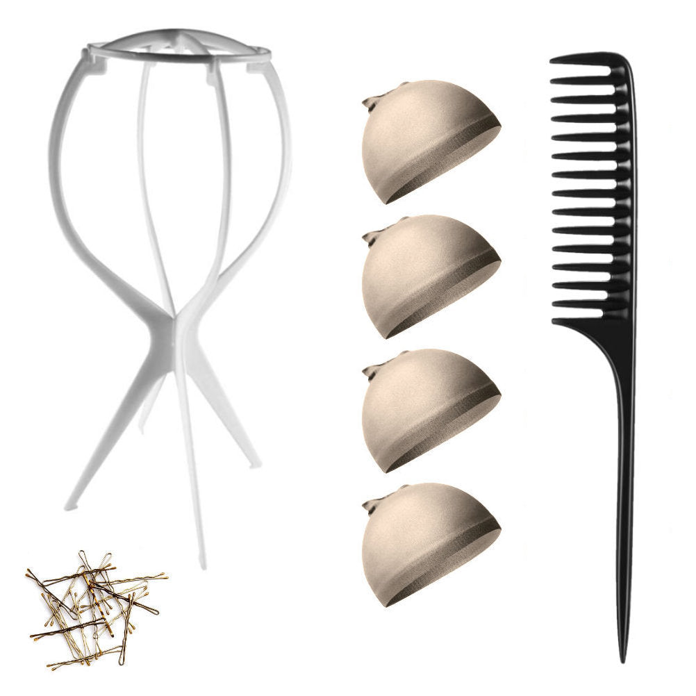 WK015 - 1-Wig Stand, 4-Wig Caps, Bobby Pins by Wig Aisle in color WK-LITE_WHT