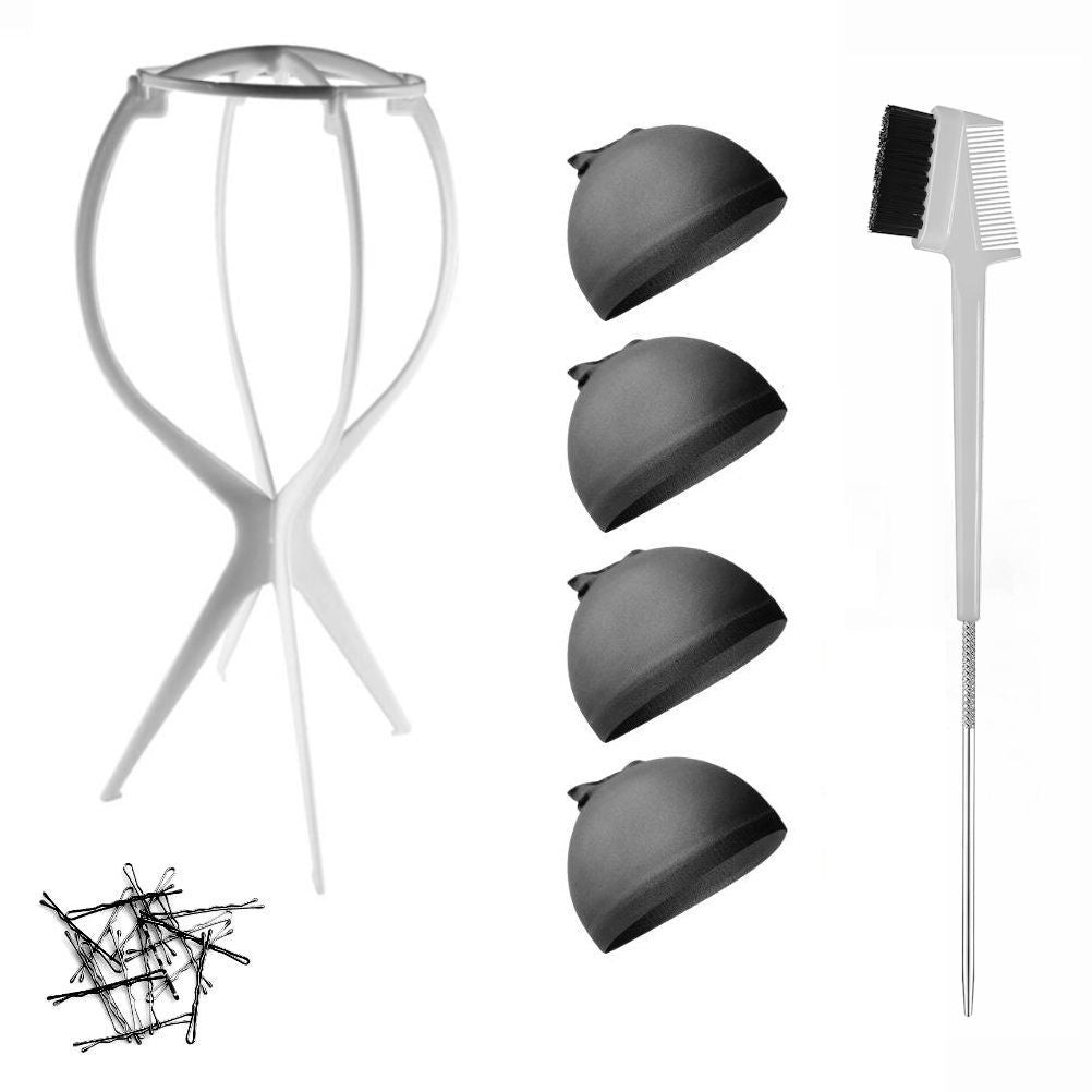 WK015 - 1-Wig Stand, 4-Wig Caps, Bobby Pins by Wig Aisle in color WK-BLACK_WHT